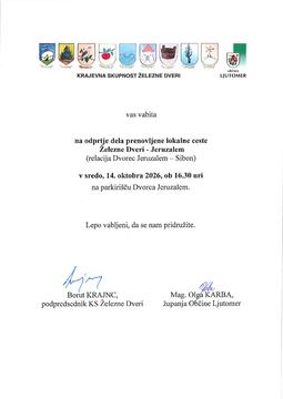 Vabilo na odprtje dela prenovljene lokalne ceste Železne Dveri - Jeruzalem, Občina Ljutomer in KS …